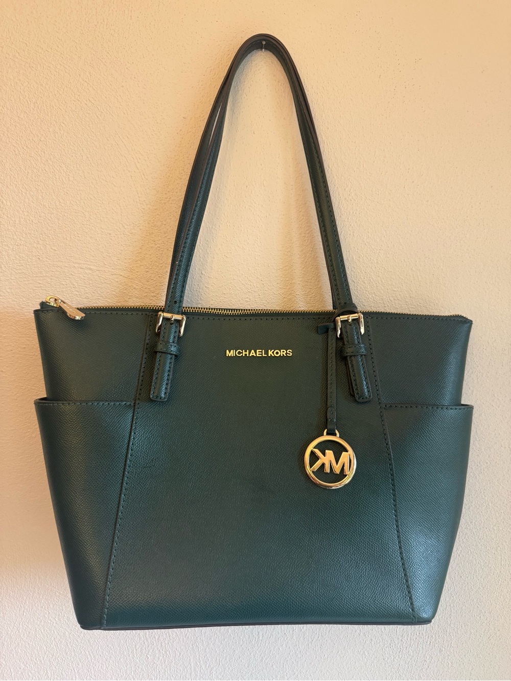 Michael Kors Dark Green Saffiano Leather Tote with Gold Hardware